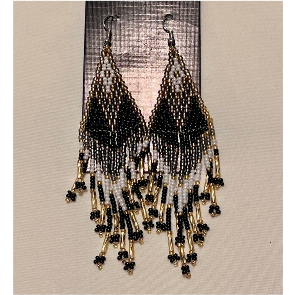 Black White Gold Beaded Pierced Earrings Boho Glam Hippie